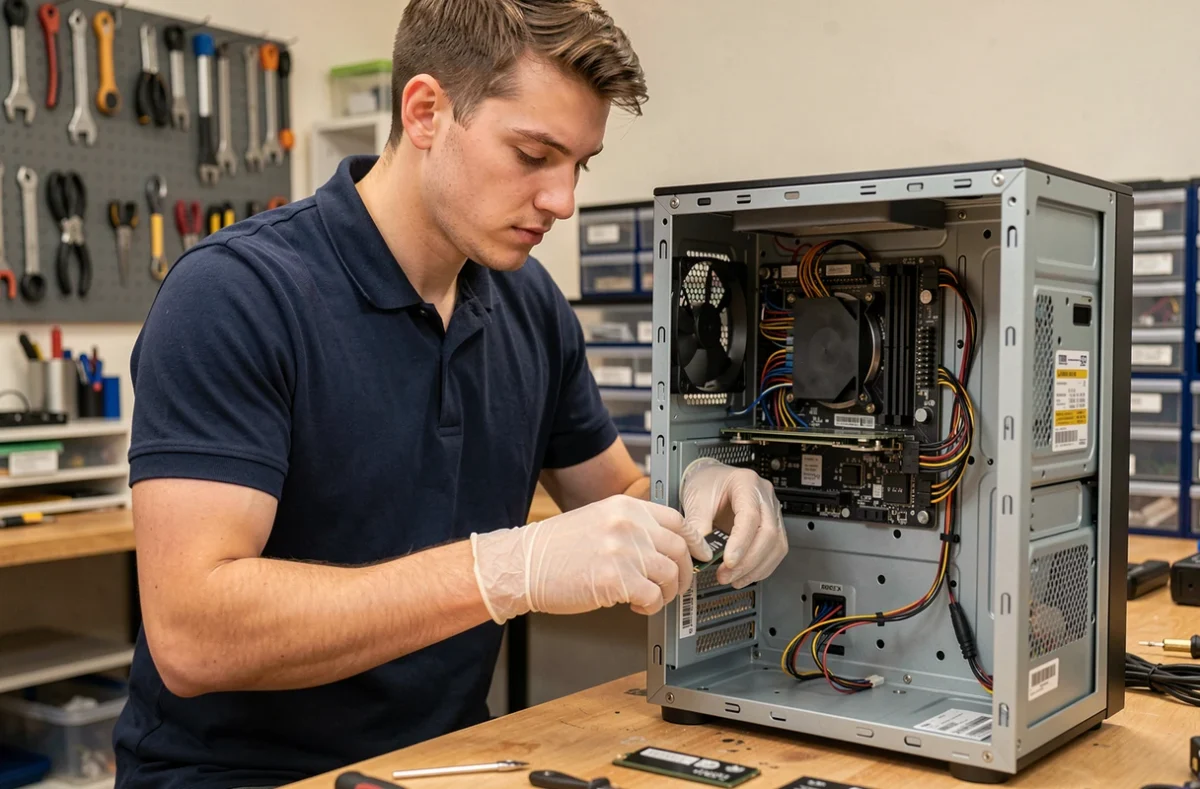 Technicien informatique installant un SSD NVMe dans une carte mère de PC de bureau dans un atelier de réparation professionnel