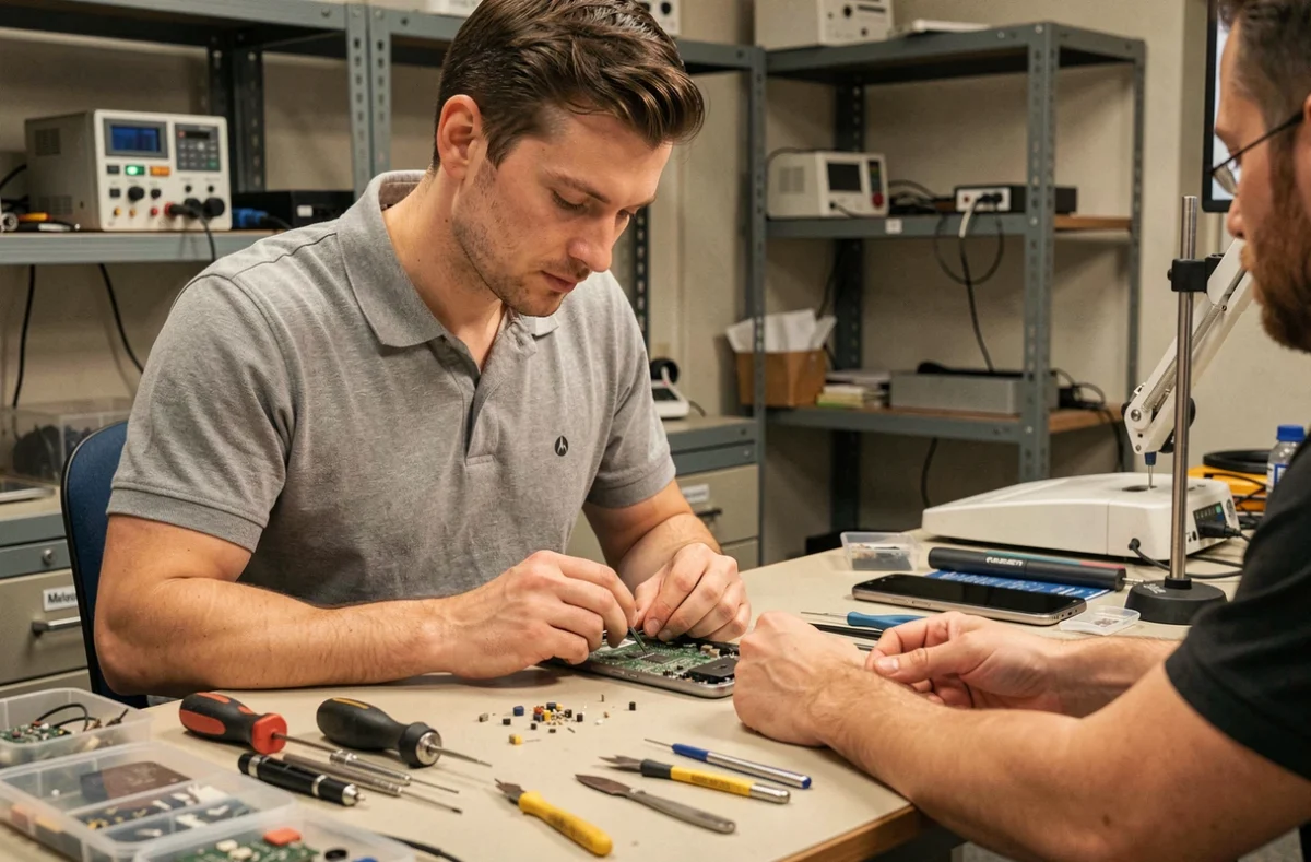 Technicien examinant les composants internes d'un smartphone Motorola démonté dans un atelier électronique