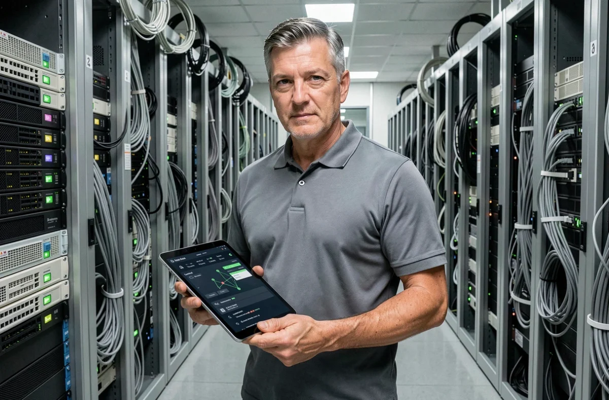 Technicien en sécurité informatique inspectant des serveurs dans une salle de datacenter