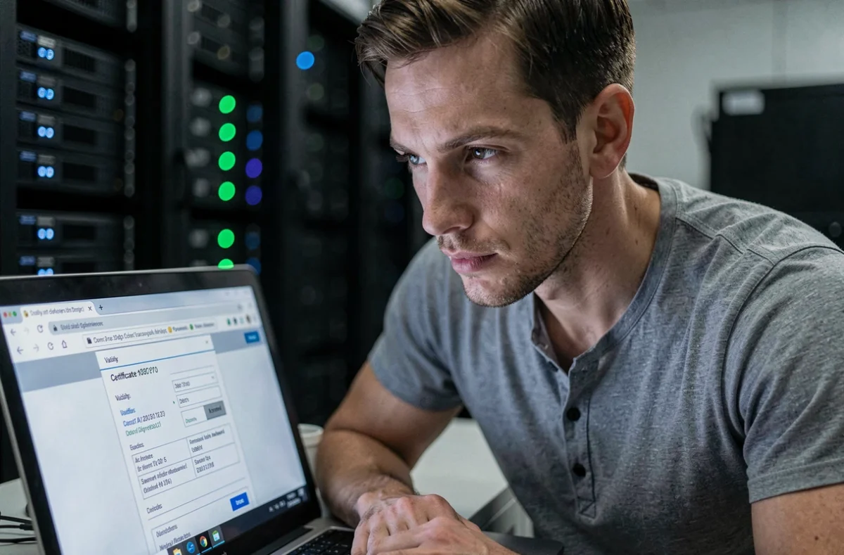 Technicien informatique consultant les détails d'un certificat numérique dans la fenêtre d'un navigateur web en salle serveur