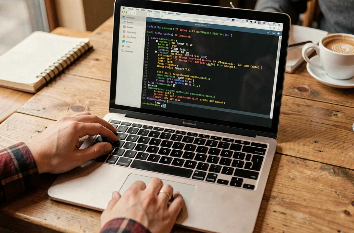 Écran de terminal affichant les paramètres VPN WireGuard sur un ordinateur portable dans un café