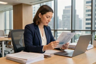 Femme professionnelle consultant un contrat d'assurance dans un bureau moderne, illustrant les types de protection juridique et financière