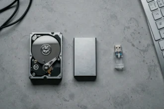 Trois types de périphériques de stockage informatique : disque dur HDD, SSD portable et clé USB disposés sur un bureau en béton