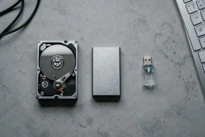 Trois types de périphériques de stockage informatique : disque dur HDD, SSD portable et clé USB disposés sur un bureau en béton