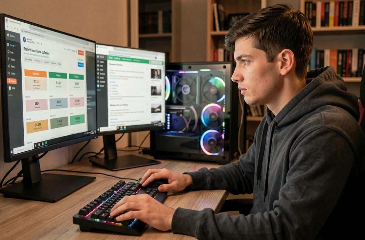 Homme jeune consultant des informations sur la sortie de la prochaine génération de carte graphique devant un setup gaming