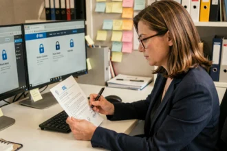 Professionnelle vérifiant un certificat SSL imprimé sur son bureau avec des moniteurs affichant des indicateurs de sécurité web