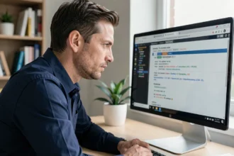 Homme vérifiant les détails du certificat TLS dans les outils de développement de son navigateur sur un ordinateur de bureau