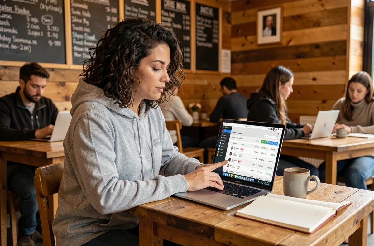 Femme consultant un outil de recherche de mots clés avec données CPC sur ordinateur portable dans un café