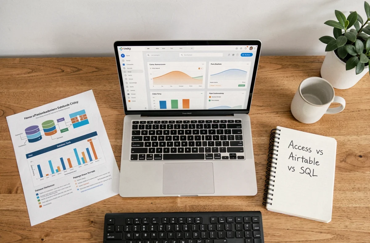 Vue aérienne d'un bureau avec un ordinateur portable affichant une interface de base de données cloud, entouré de notes comparant les alternatives à Microsoft Access